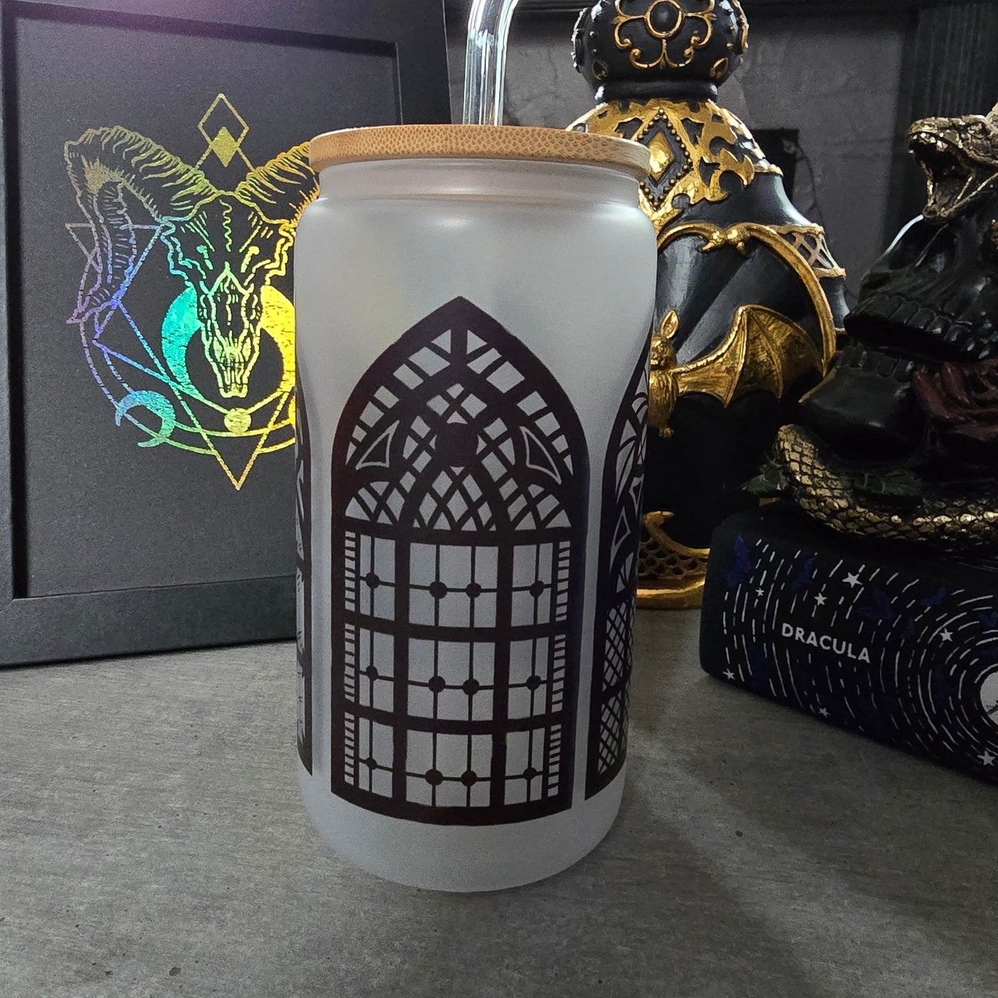 Church Archway Gothic theme, Halloween Gift, 16oz, Iced Coffee Cup, Frosted Glass Tumbler,Iced Coffee Can with Bamboo Lid and Straw