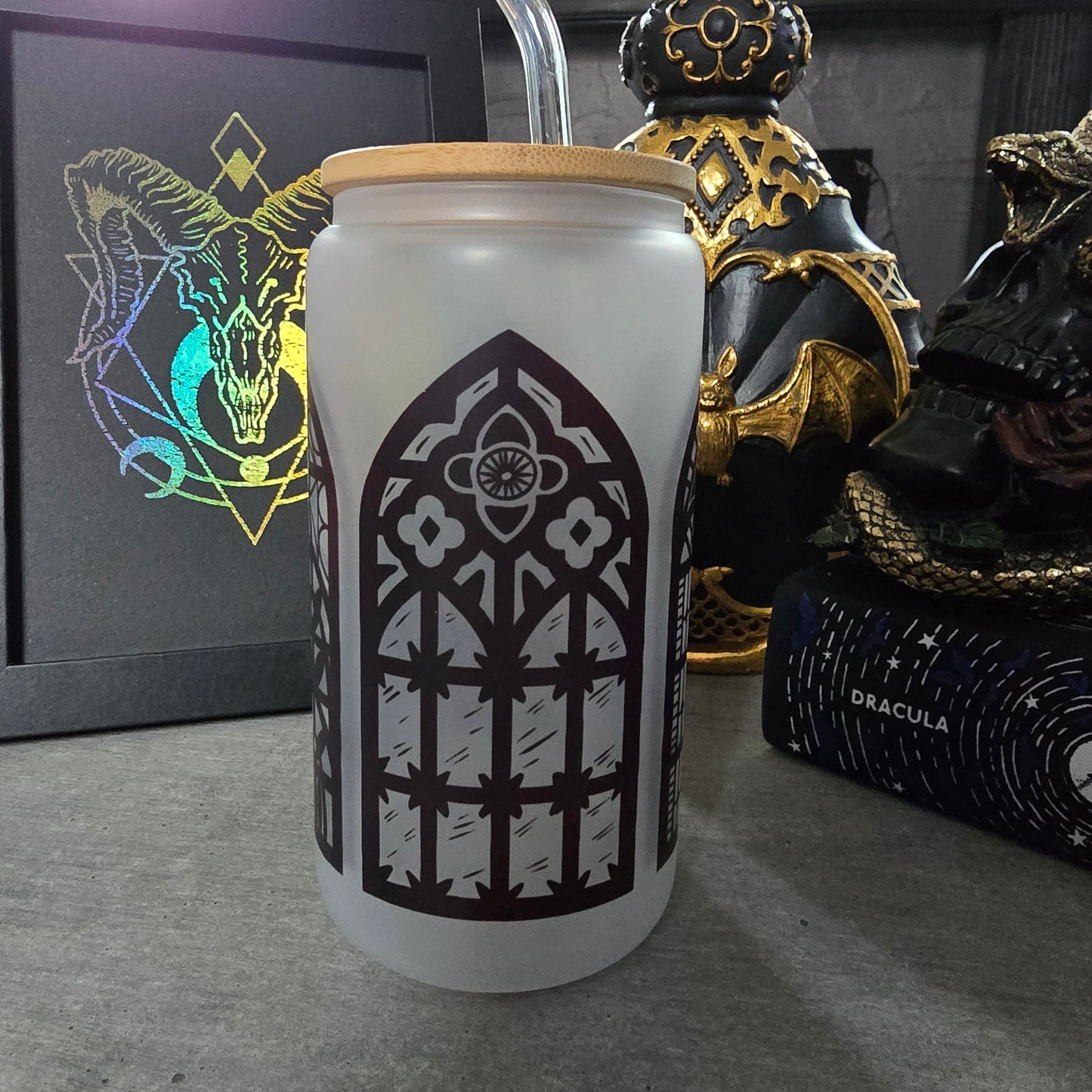 Church Archway Gothic theme, Halloween Gift, 16oz, Iced Coffee Cup, Frosted Glass Tumbler,Iced Coffee Can with Bamboo Lid and Straw