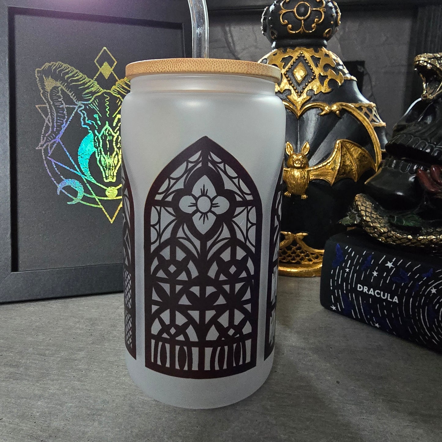 Church Archway Gothic theme, Halloween Gift, 16oz, Iced Coffee Cup, Frosted Glass Tumbler,Iced Coffee Can with Bamboo Lid and Straw