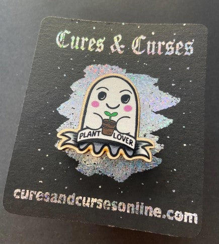 Cute Ghost Plant Lovers | 35mm approx wooden pin badge with rubber clutch