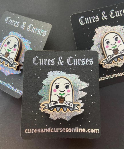 Cute Ghost Plant Lovers | 35mm approx wooden pin badge with rubber clutch