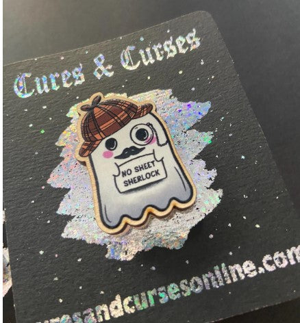 Cute Ghost Sherlock wooden pin |35mm approx wooden pin badge with rubber clutch