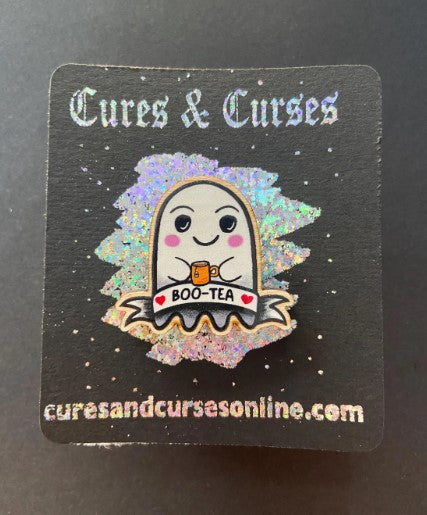 Cute Ghost Boo Tea wooden Pin | 35mm approx wooden pin badge with rubber clutch