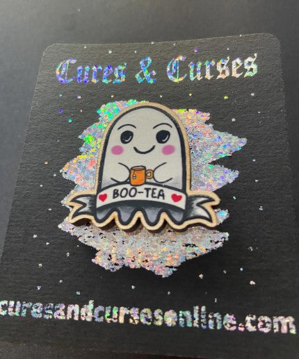 Cute Ghost Boo Tea wooden Pin | 35mm approx wooden pin badge with rubber clutch