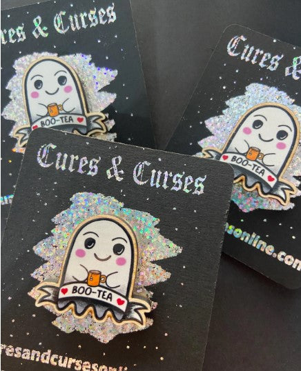 Cute Ghost Boo Tea wooden Pin | 35mm approx wooden pin badge with rubber clutch