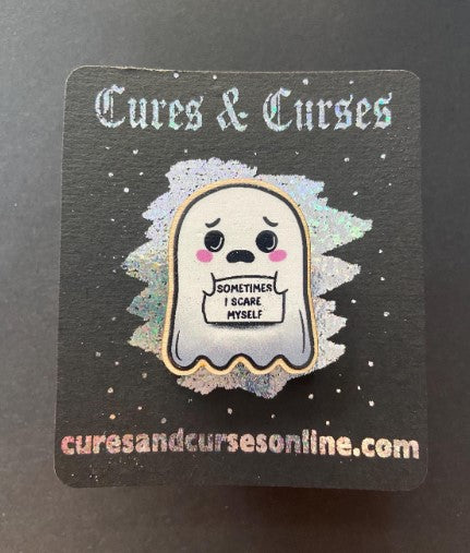 Cute Ghost Pin Sometimes I Scare myself |35mm approx wooden pin badge with rubber clutch