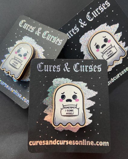 Cute Ghost Pin Sometimes I Scare myself |35mm approx wooden pin badge with rubber clutch